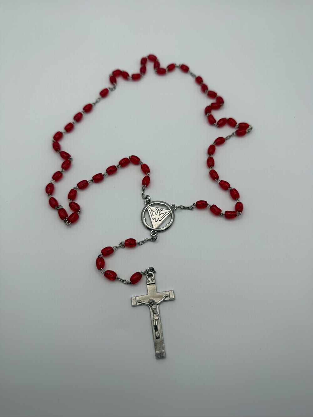 Red Beaded Rosary Necklace with Silver Crucifix - Women Jewelry